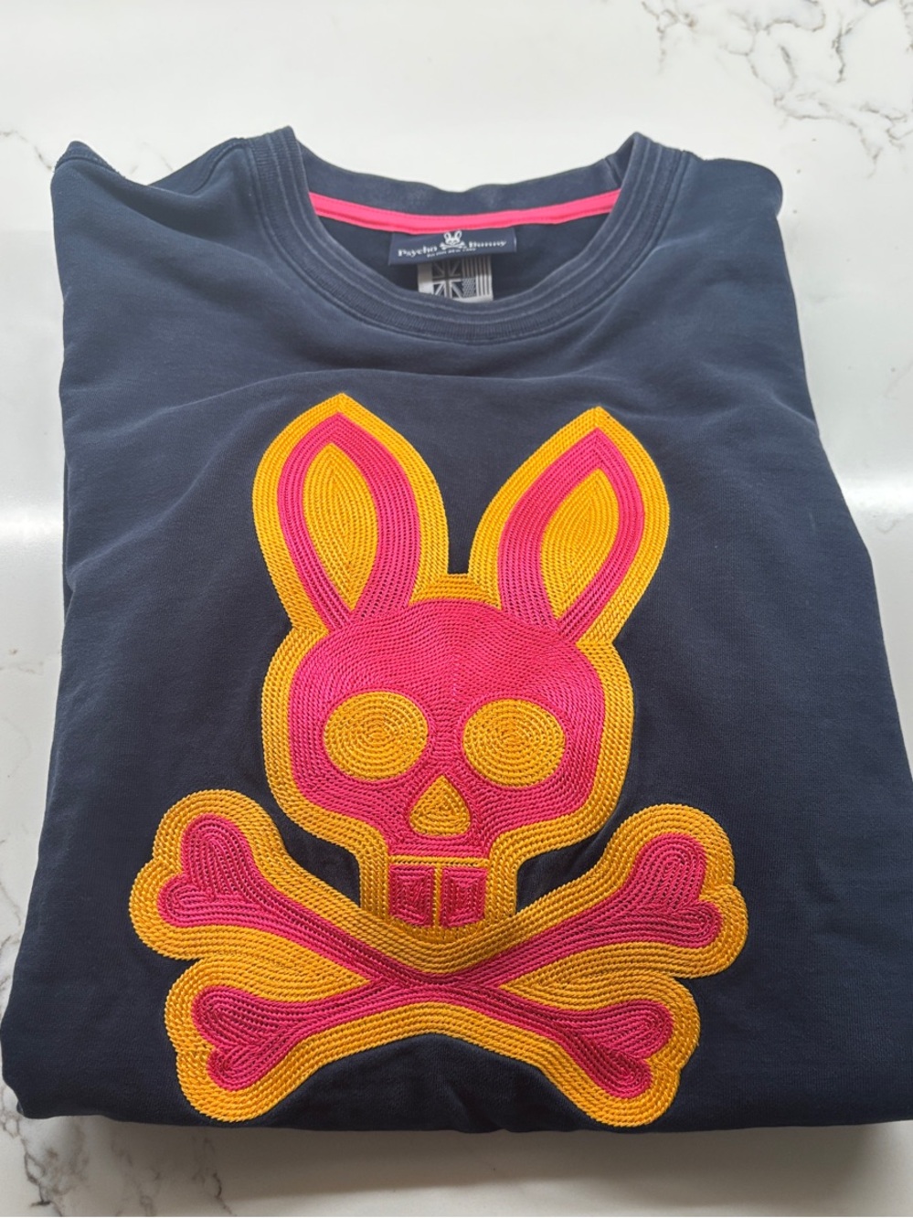 Psycho Bunny Navy Sweatshirt with Pink and Yellow Bunny Skull